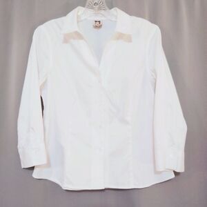 Anne Klein Women's PM White Blouse Feminine Dbl Collar Extended Neckline 3/4 Slv